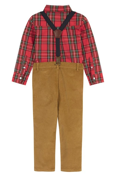 Shop Andy & Evan Kids' Plaid Flannel Shirt, Suspender Pants & Bow Tie Set In Red Plaid