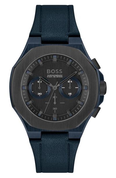 Shop Hugo Boss Taper Chronograph Leather Strap Watch In Black