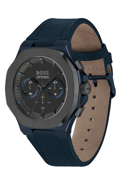 Shop Hugo Boss Taper Chronograph Leather Strap Watch In Black