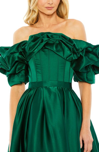 Shop Mac Duggal Ruffle Off The Shoulder Satin Midi Cocktail Dress In Emerald