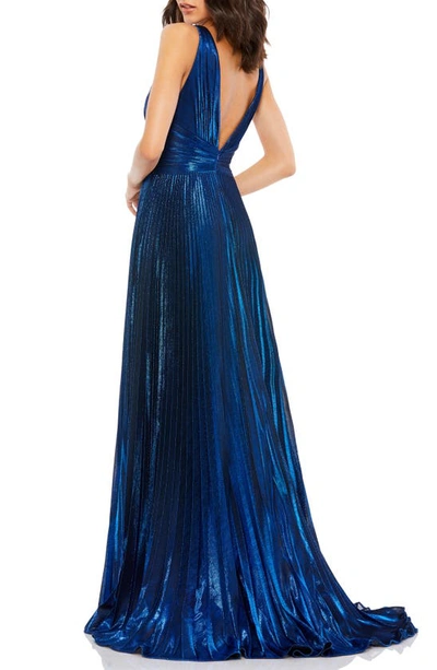 Shop Mac Duggal Metallic Pleated Plunge Gown In Sapphire