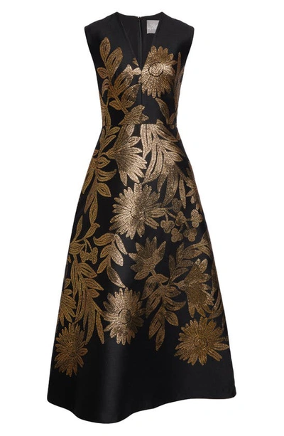 Shop Lela Rose Blair Metallic Embroidered Floral Gown In Black