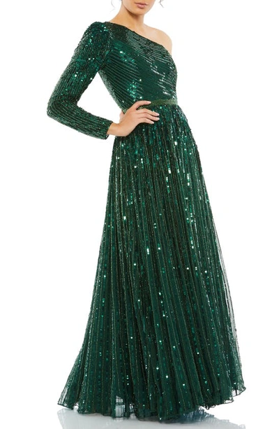 Shop Mac Duggal Sequin One-shoulder Single Long Sleeve Gown In Emerald