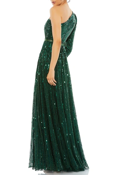 Shop Mac Duggal Sequin One-shoulder Single Long Sleeve Gown In Emerald