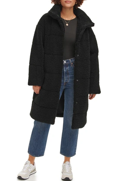 Shop Levi's Quilted Fleece Long Teddy Coat In Black