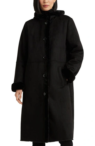 Shop Lauren Ralph Lauren Hooded Faux Shearling Coat In Black