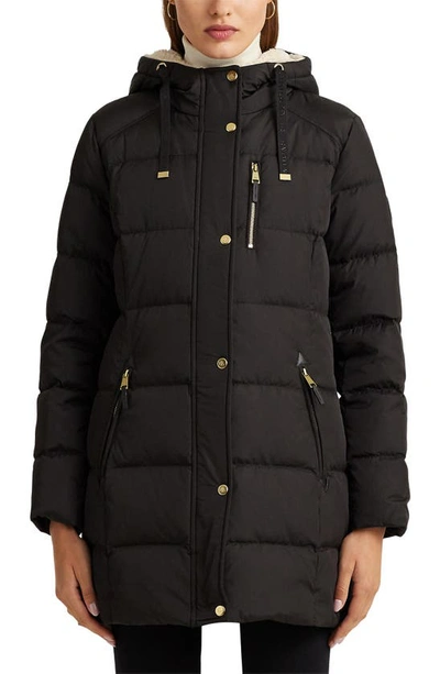 Shop Lauren Ralph Lauren Hooded Down & Feather Puffer Coat In Black