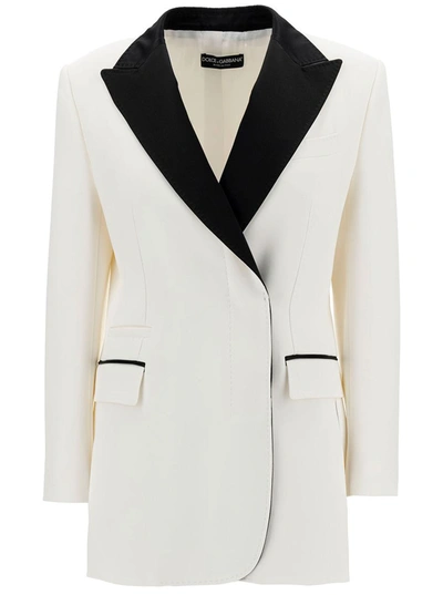 Shop Dolce & Gabbana White Double-breasted Jacket With Peak Revers In Viscose Blend Woman