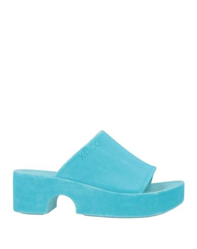 Shop Xocoi Woman Sandals Turquoise Size 8 Textile Fibers In Blue