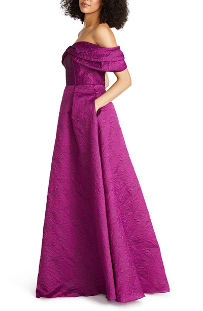 Shop Theia Joelle Jacquard Off The Shoulder Gown In Deep Orchid