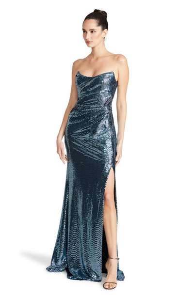 Shop Theia Skye Sequin Strapless Gown In Storm Blue