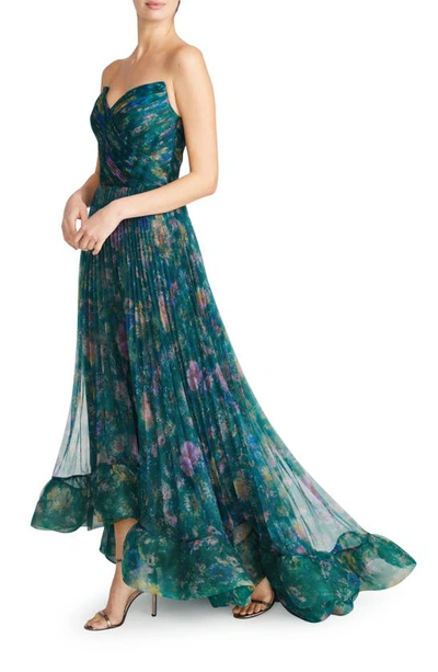 Shop Theia Moira Floral Pleated Strapless High-low Gown In Stippled Meadow