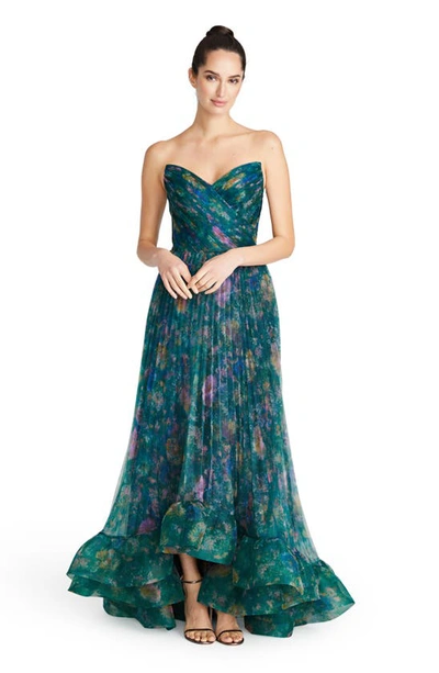 Shop Theia Moira Floral Pleated Strapless High-low Gown In Stippled Meadow