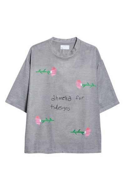 Shop 4sdesigns Oversize Viscose & Silk Woven Graphic T-shirt In Light Gray