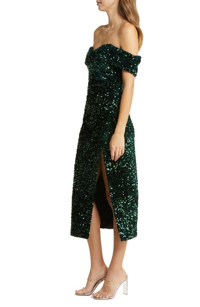 Shop Likely Ronan Off The Shoulder Sequin Midi Dress In Emerald