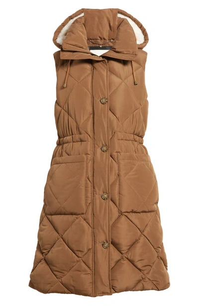 Shop Lucky Brand Oversize Longline Puffer Vest With Removable Faux Shearling Lined Hood In Pecan