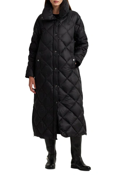 Shop Lauren Ralph Lauren Snap Front Diamond Quilted Down Long Coat In Black