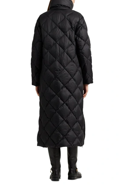 Shop Lauren Ralph Lauren Snap Front Diamond Quilted Down Long Coat In Black