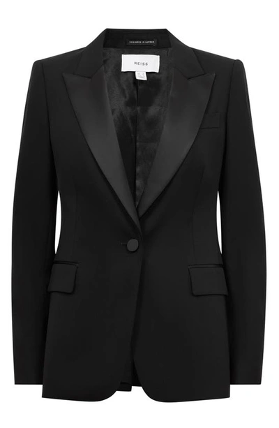 Shop Reiss Alia Satin Lapel One-button Wool Blend Blazer In Black