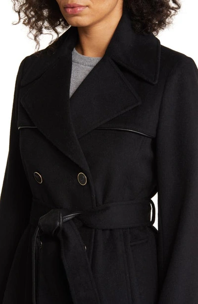 Shop Via Spiga Belted Faux Leather Trim Wool Blend Coat In Black