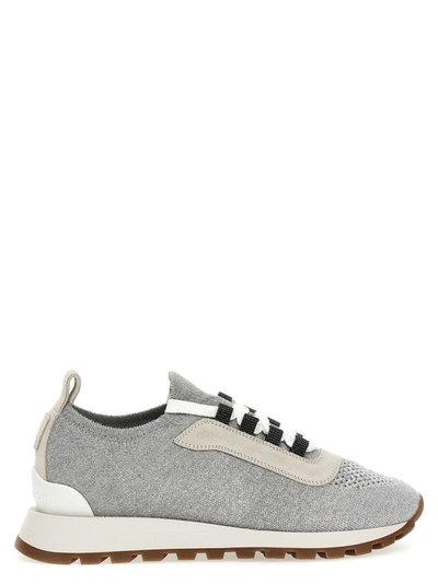 Shop Brunello Cucinelli Lurex Knit Sneakers Gray