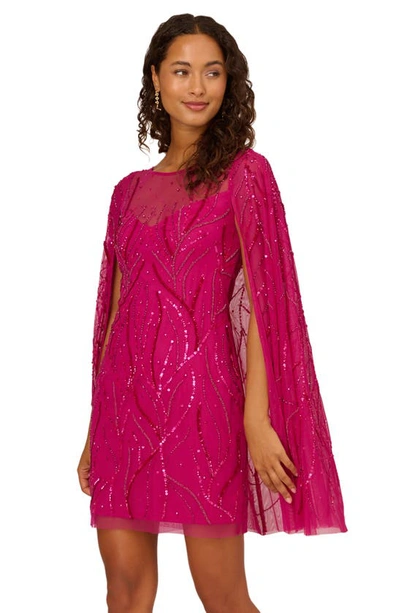 Shop Adrianna Papell Beaded Cape Sleeve Cocktail Dress In Hot Orchid