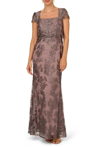 Shop Adrianna Papell Metallic Embroidered Gown In Night Shade