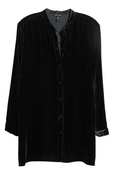 Shop Eileen Fisher Band Collar Velvet Longline Button-up Shirt In Ivy
