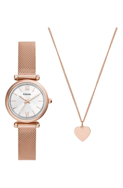 Shop Fossil Carlie Mesh Bracelet Watch & Heart Pendant Necklace Set, 28mm In Rose Gold