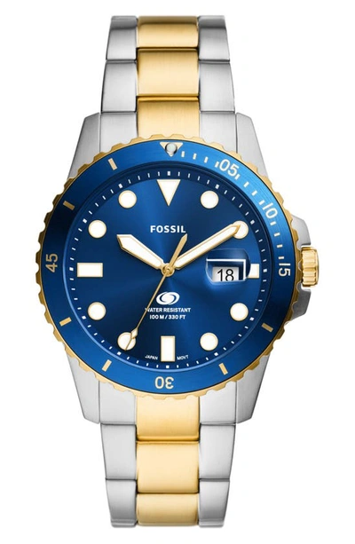 Fossil Men's Blue Dive Three-hand Date Two-tone Stainless Steel Watch 42mm In Two Tone