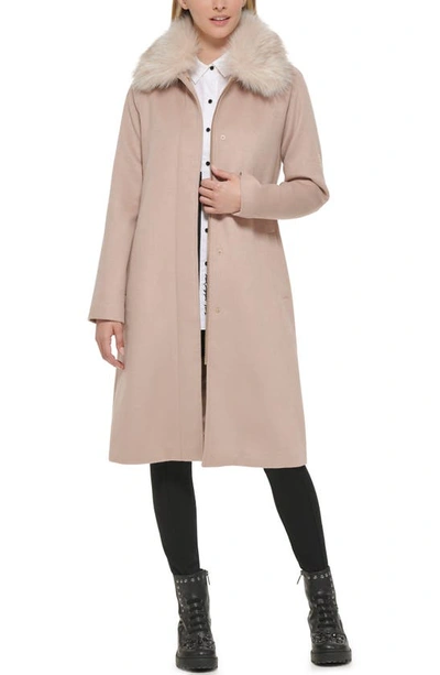 Shop Karl Lagerfeld Luxe Belted Twill Wool Blend Coat With Removable Faux Fur Collar In Nude