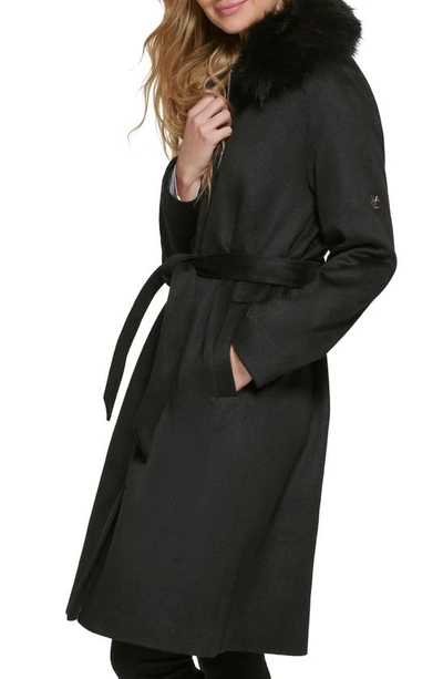 Shop Karl Lagerfeld Luxe Belted Twill Wool Blend Coat With Removable Faux Fur Collar In Black