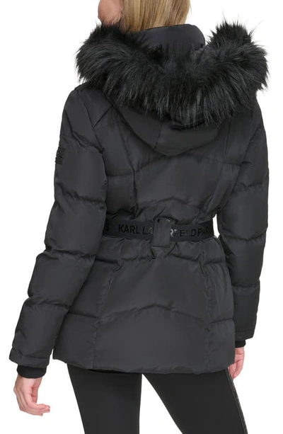 Shop Karl Lagerfeld Smocked Belted Ski Puffer Jacket With Faux Fur Hood In Black