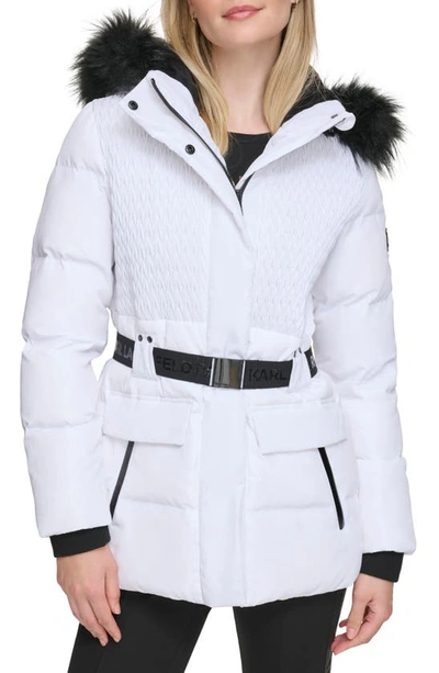 Shop Karl Lagerfeld Smocked Belted Ski Puffer Jacket With Faux Fur Hood In White