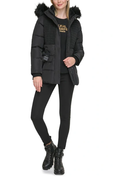 Shop Karl Lagerfeld Smocked Belted Ski Puffer Jacket With Faux Fur Hood In Black