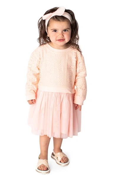 Shop Popatu Kids' Long Sleeve Lace & Tulle Dress In Peach