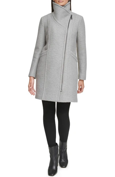 Shop Kenneth Cole Asymmetric Zip Convertible Collar Bouclé Coat In Light Grey