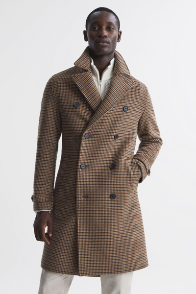 Shop Reiss Unity - Camel Modern Fit Wool Blend Double Breasted Dogtooth Coat, M