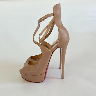 Pre-owned Christian Louboutin Nude Leather Platform Sandal Heels With Ankle Strap