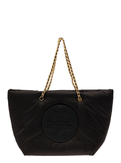 Shop Tory Burch Ella Black Tote Bag With Tonal Logo Patch In Recycled Featherweight Polyester Woman