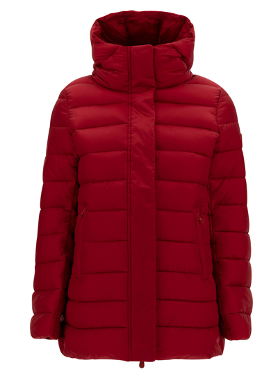 Shop Save The Duck Drimia Long Red Down Jacket With Tonal Logo Patch In Shiny Leather Woman