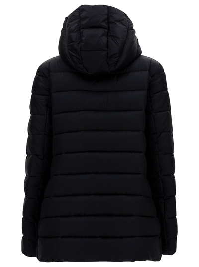 Shop Save The Duck Drimia Long Black Down Jacket With Tonal Logo Patch In Shiny Leather Woman