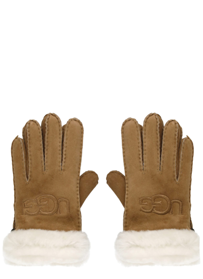 Shop Ugg Shearling Embroider Gloves In Beige
