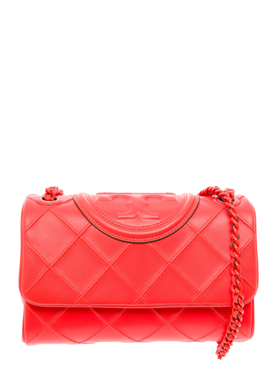 Shop Tory Burch Fleming Soft Red Shoulder Bag With Diamond-shaped Pintucks In Leather Woman