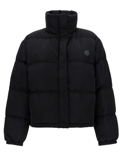 Shop Maison Kitsuné Black Cropped Down Jacket With High Neck And Fox Head Patch In Nylon Woman