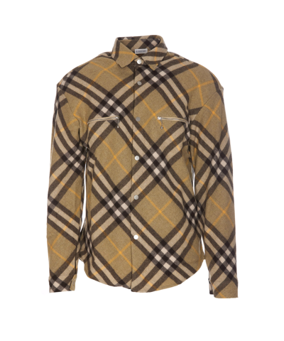 Shop Burberry Check Wool Overshirt In Green