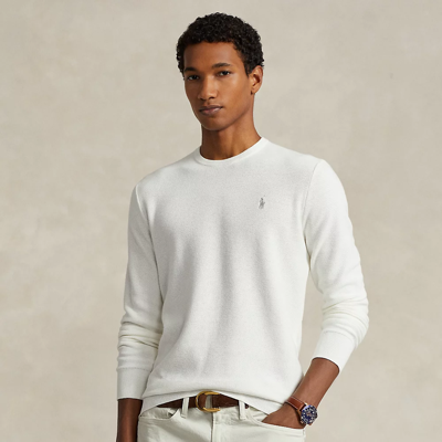 Shop Ralph Lauren Textured Cotton Crewneck Sweater In Deckwash White