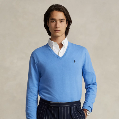 Shop Ralph Lauren Cotton V-neck Sweater In Summer Blue