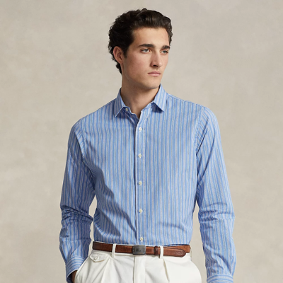 Shop Ralph Lauren Custom Fit Striped Poplin Shirt In Azure/white