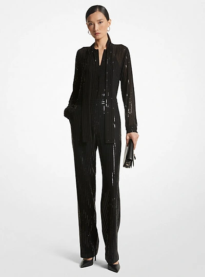 Shop Michael Kors Pinstripe Sequined Georgette Jumpsuit In Black